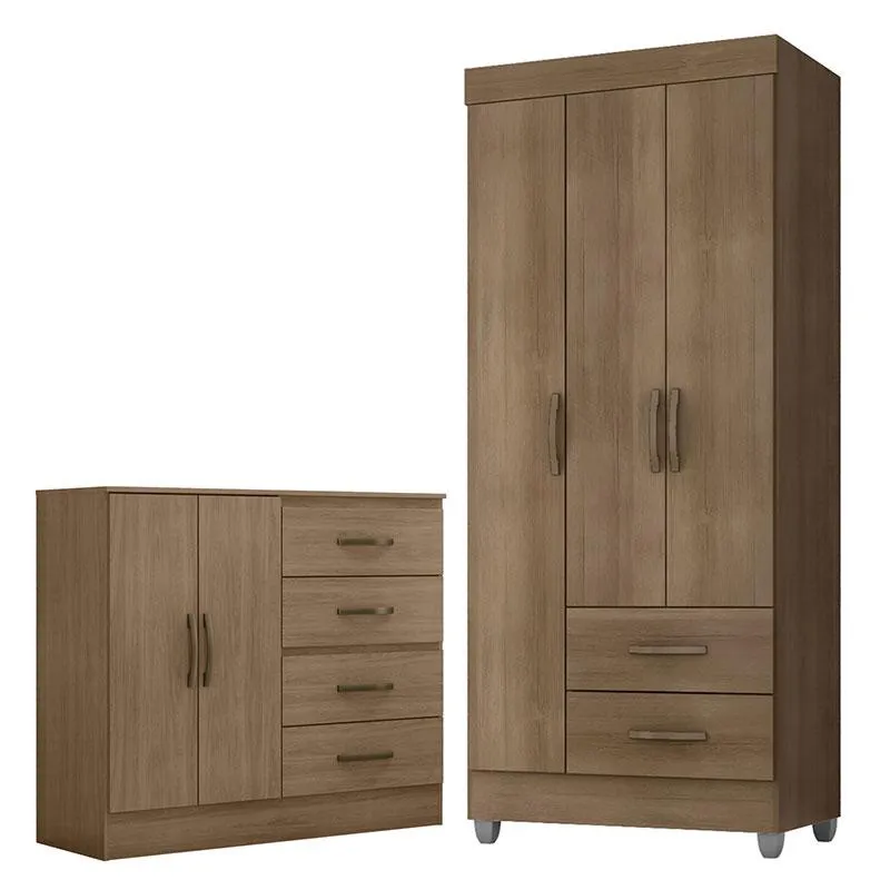 Guarda Roupa Solteiro 3 Portas e Cômoda 4 Gavetas e 2 Portas Lite Carvalho Oak – Móveis Leão