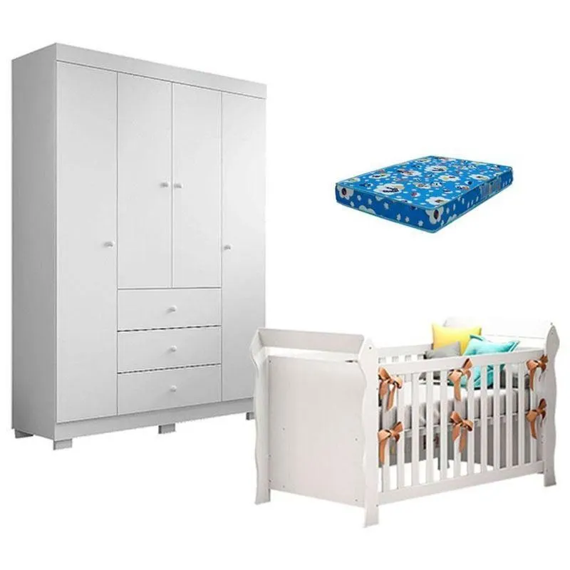 Berço Americano Lara E Guarda Roupa Duda 4 Portas Branco Brilho Com Colchão Ortobom – Phoenix Baby