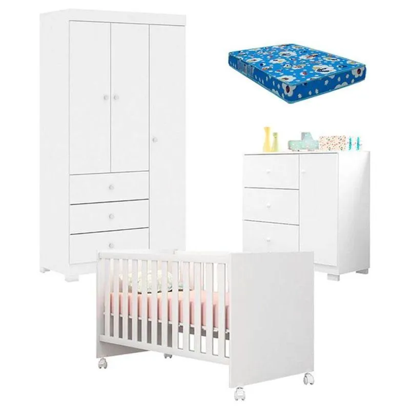 Quarto De Bebê Duda 3 Portas E Berço Americano Mini Cama Doce Sonho 100 Branco Brilho Com Colchão