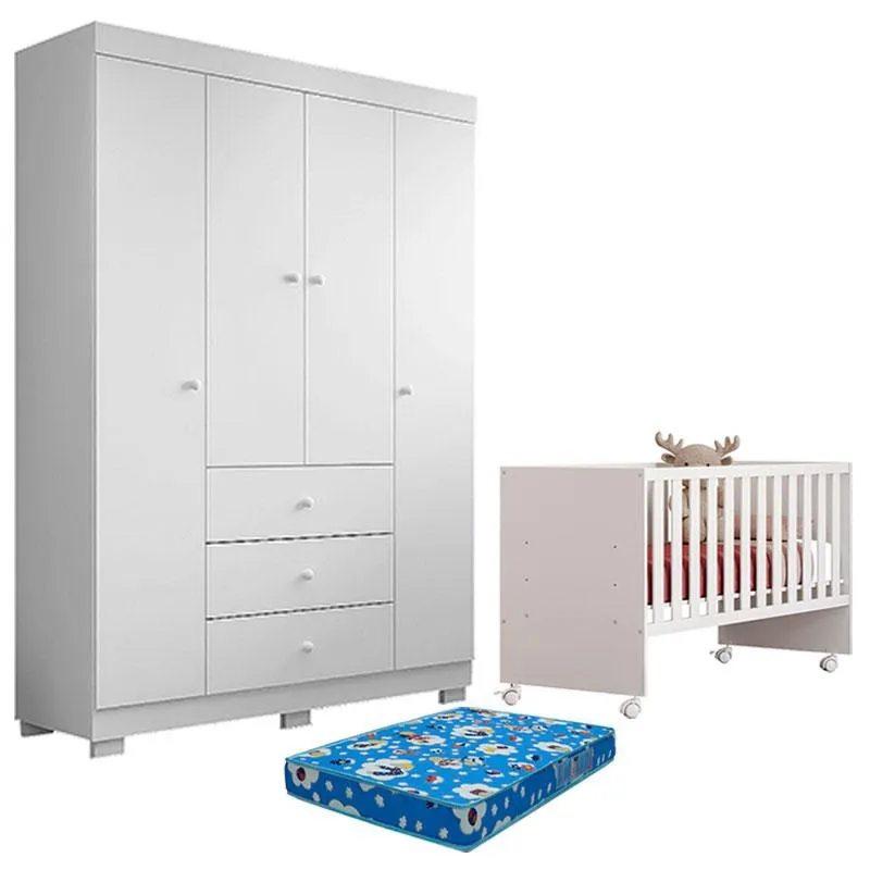 Berço Nacional Doce Sonho 3540 e Guarda Roupa Duda 4 Portas Branco Brilho com Colchão Ortobom – Phoenix Baby