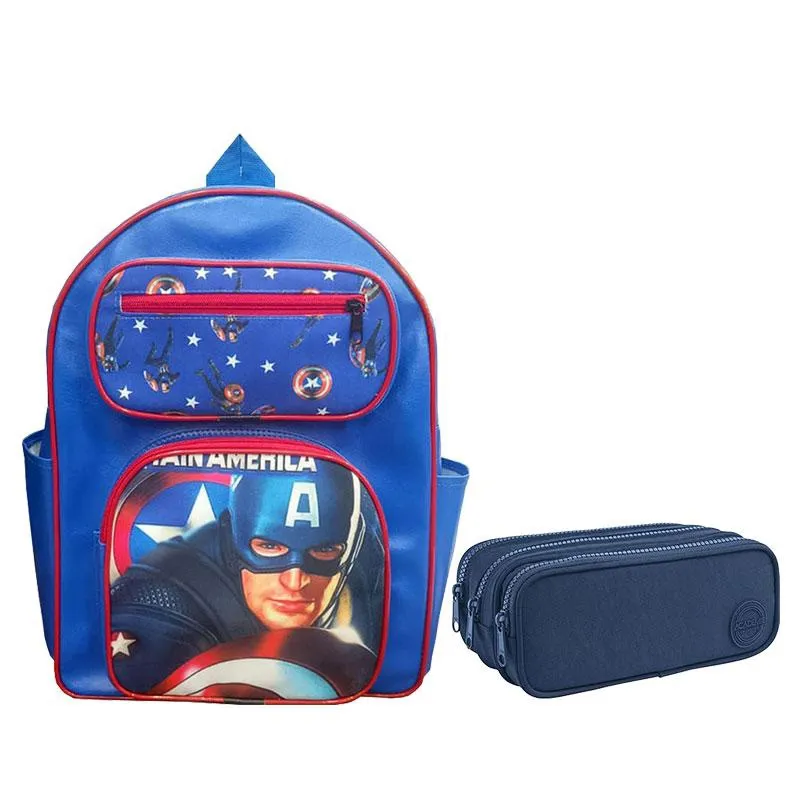 Kit Mochila Escolar Infantil Capitão América e Estojo Triplo Académie Azul - Edu Bolsas