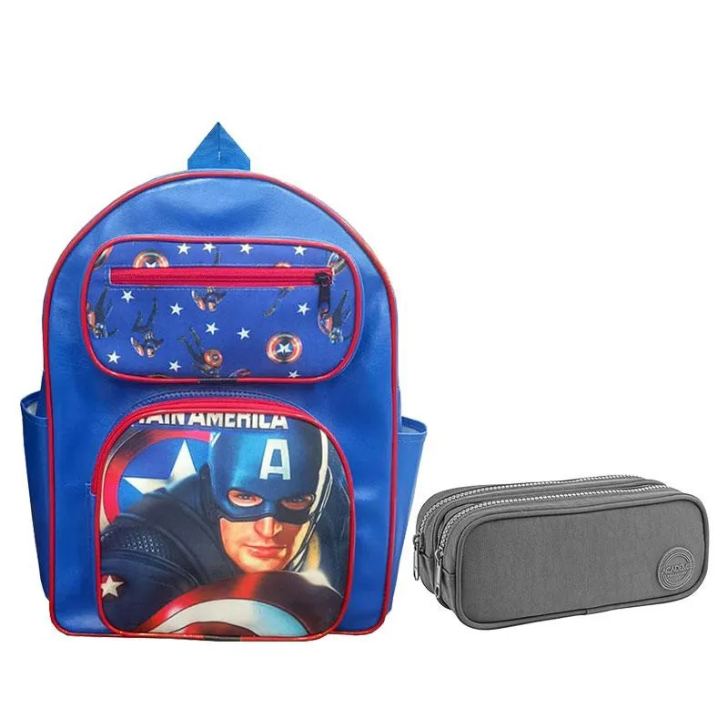 Kit Mochila Escolar Infantil Capitão América e Estojo Duplo Académie Cinza - Edu Bolsas