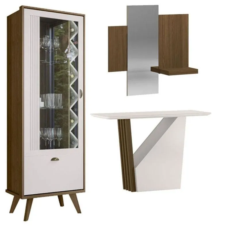 Cristaleira E Espelho Isis Com Aparador Buffet Veneza Imbuia Off White - New Ceval