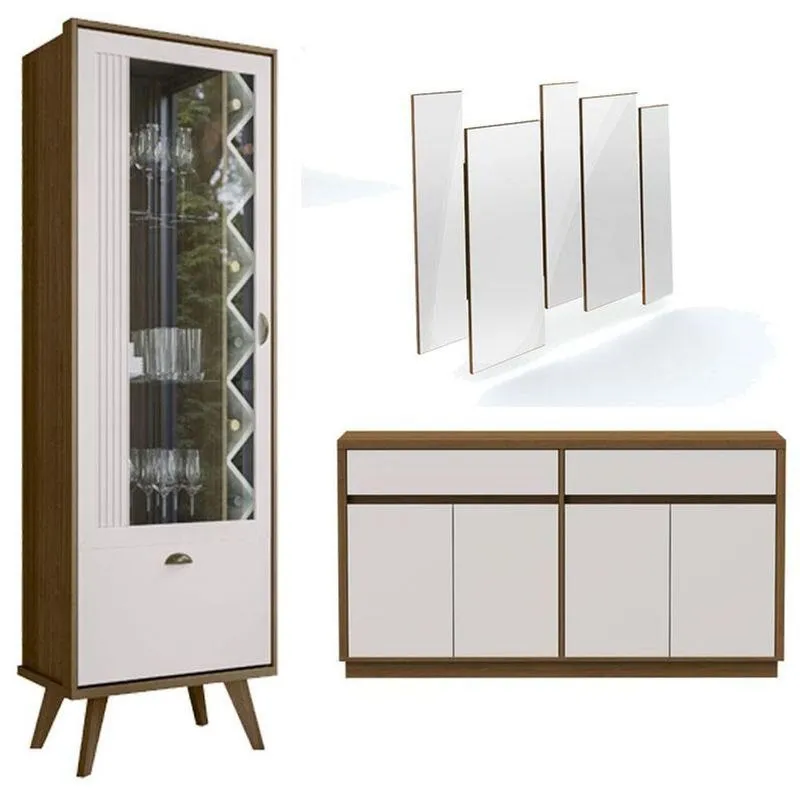Cristaleira Isis E Aparador Buffet Ana Com Espelho Isadora Imbuia Off White - New Ceval
