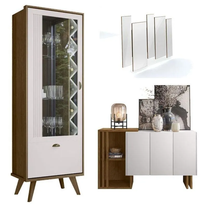 Cristaleira Isis E Aparador Buffet Berlim Com Espelho Isadora Imbuia Off White - New Ceval