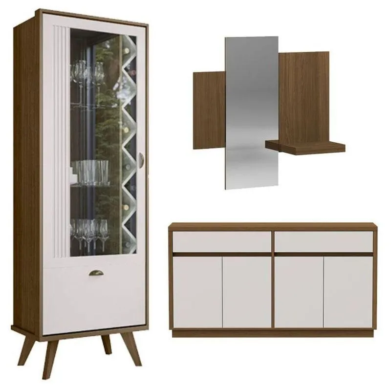 Cristaleira E Espelho Isis Com Aparador Buffet Ana Imbuia Off White - New Ceval