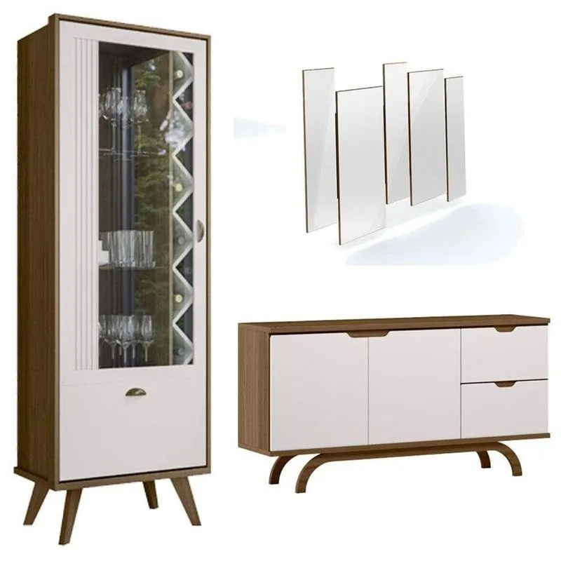 Cristaleira Isis E Aparador Buffet Vicenza Com Espelho Isadora Imbuia Off White - New Ceval
