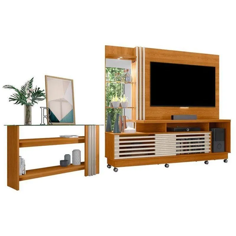 Estante Home Theater Com Rodízios E Aparador Frizz Plus Cinamomo Off White – Madetec