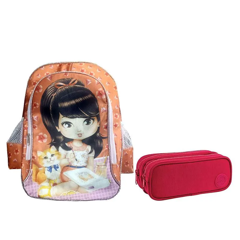 Kit Mochila Escolar Infantil Jolie Morena 24 e Estojo Duplo Académie Rosa - abcd