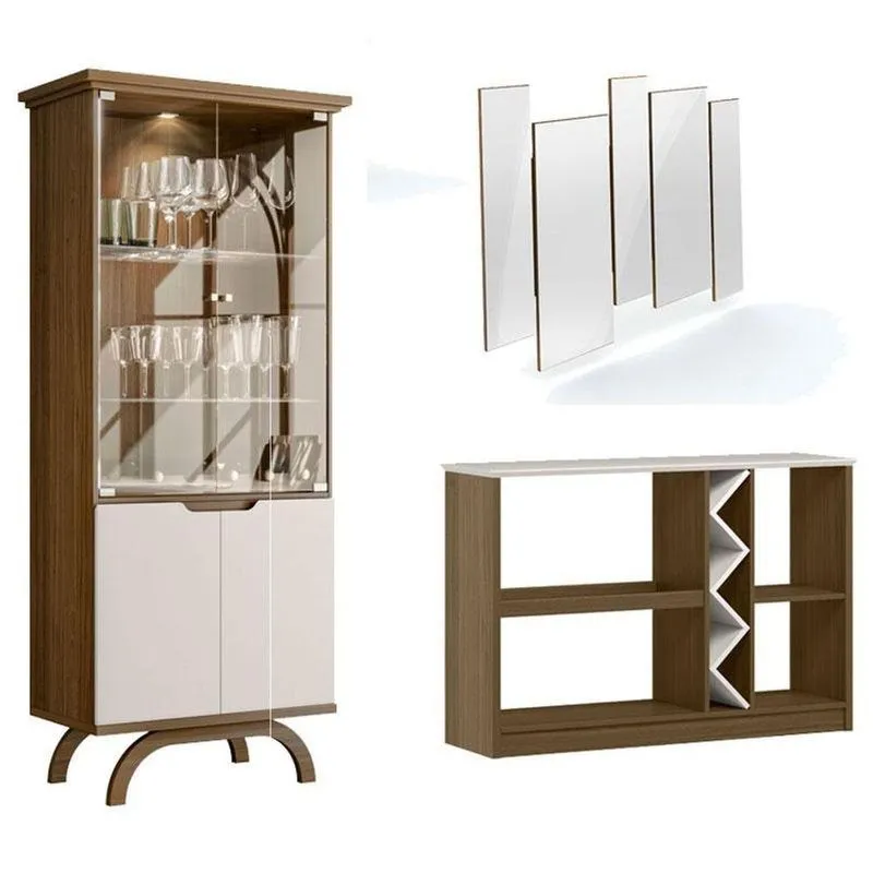 Cristaleira Vicenza Com Aparador Buffet Isis E Espelho Isadora Imbuia Off White - New Ceval