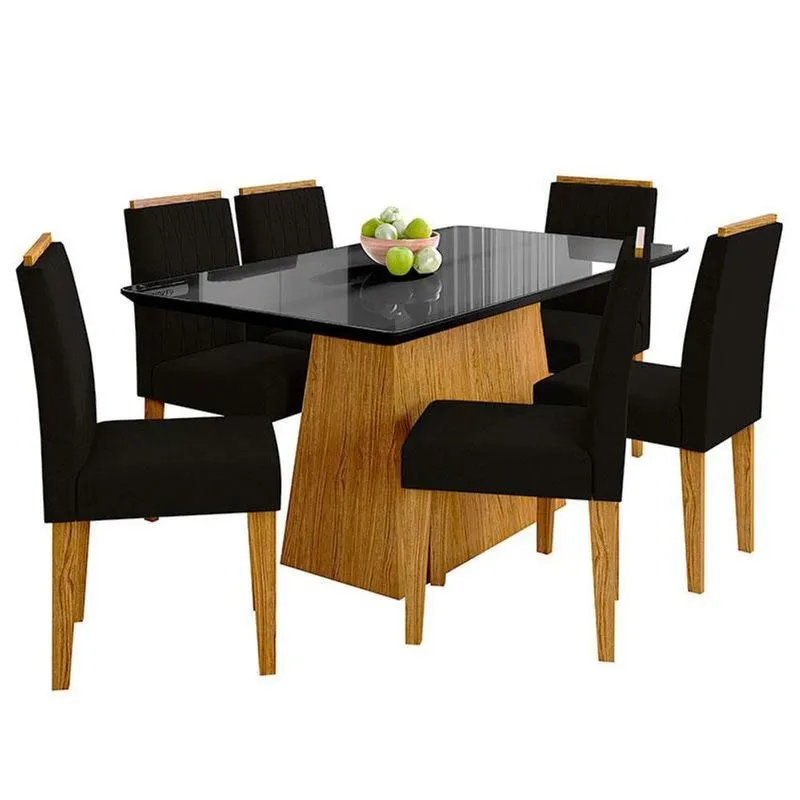 Mesa De Jantar 160cm Ambiente Bárbara Com Vidro E 6 Cadeiras Ana Ype Veludo Preto - New Ceval