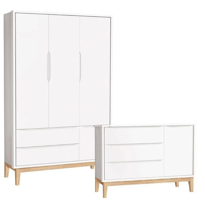 Cômoda Com Porta E Guarda Roupa Infantil 3 Portas New Classic Branco Com Pés Madeira Natural -Reller