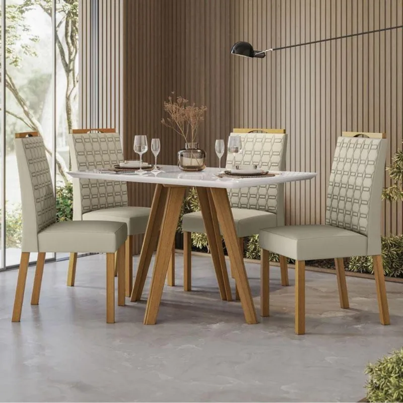 Mesa De Jantar Ambiente Mariah 120x80 Cm Com Vidro Ype Off White E 4 Cadeiras Mariana Veludo Nude New Ceval