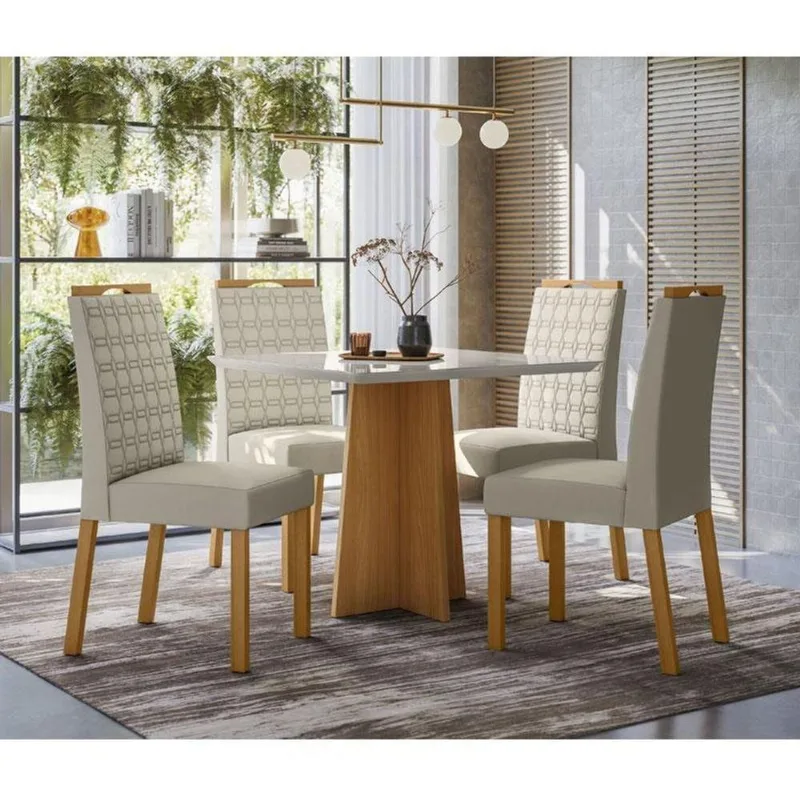 Mesa De Jantar Ambiente Anitta 90x90 Cm Com Vidro Ype Off White E 4 Cadeiras Mariana Ype Veludo Nude New Ceval