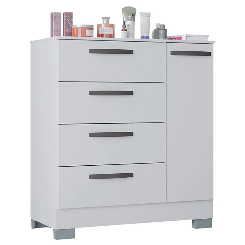 Cômoda 868 4 Gavetas e 1 Porta com Guarda Roupa Solteiro Tóquio 4 Portas Branco Brilho - Poquema