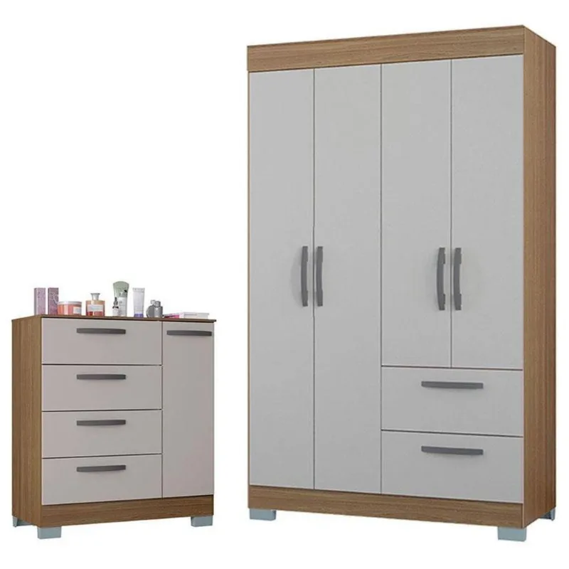 Cômoda 868 4 Gavetas E 1 Porta Com Guarda Roupa Solteiro Tóquio 4 Portas Castanho Off White Poquema