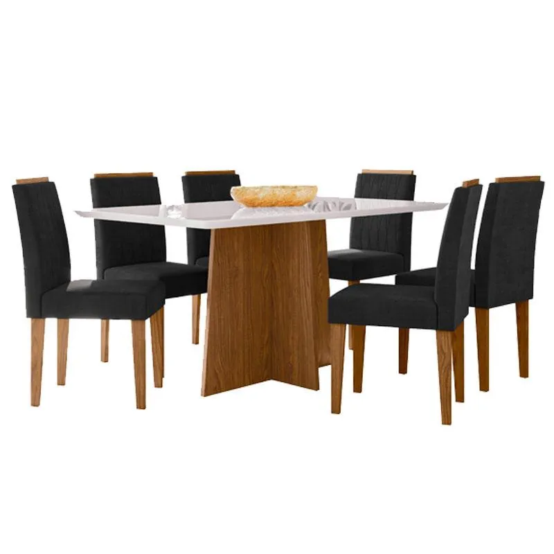 Mesa de Jantar Ambiente Anitta 160x90 cm com Vidro Ype Off White e 6 Cadeiras Ana Ype Veludo Preto – New Ceval