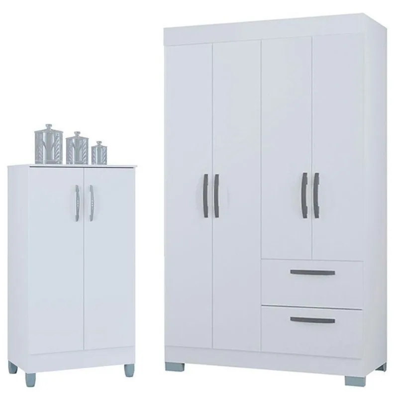 Guarda Roupa Solteiro Tóquio 4 Portas Com Armário Multiuso 2 Portas Pequeno Branco Brilho - Poquema