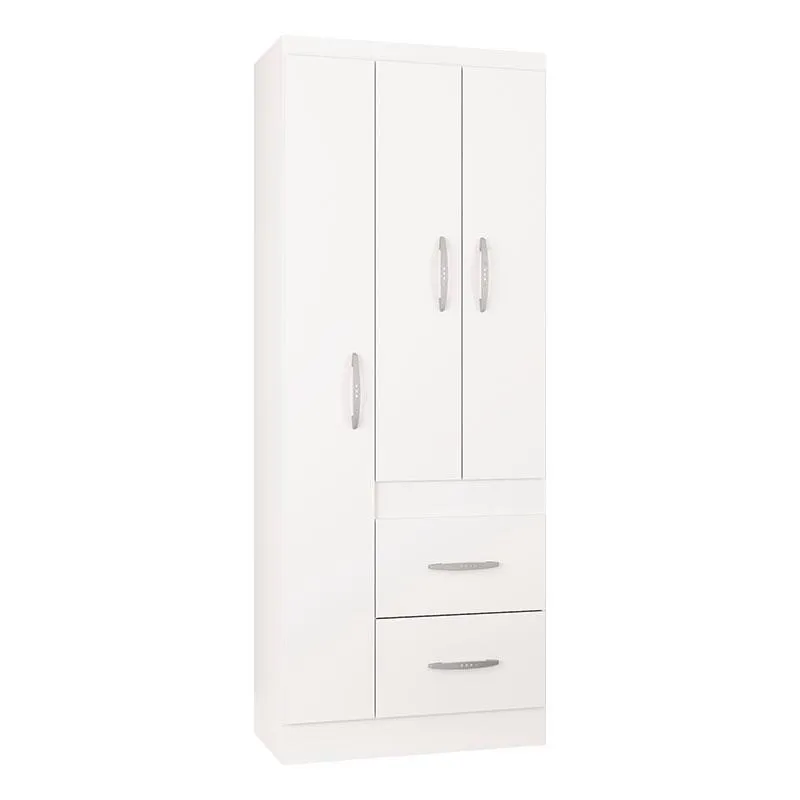 Cômoda 867 4 Gavetas com Guarda Roupa Solteiro Milão 3 Portas Branco Brilho - Poquema