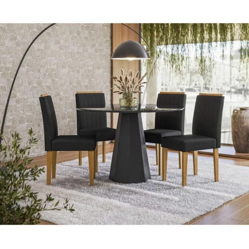 Mesa De Jantar Ambiente Isis 120x120 Cm Com Vidro Preto E 4 Cadeiras Ana Ype Veludo Preto New Ceval