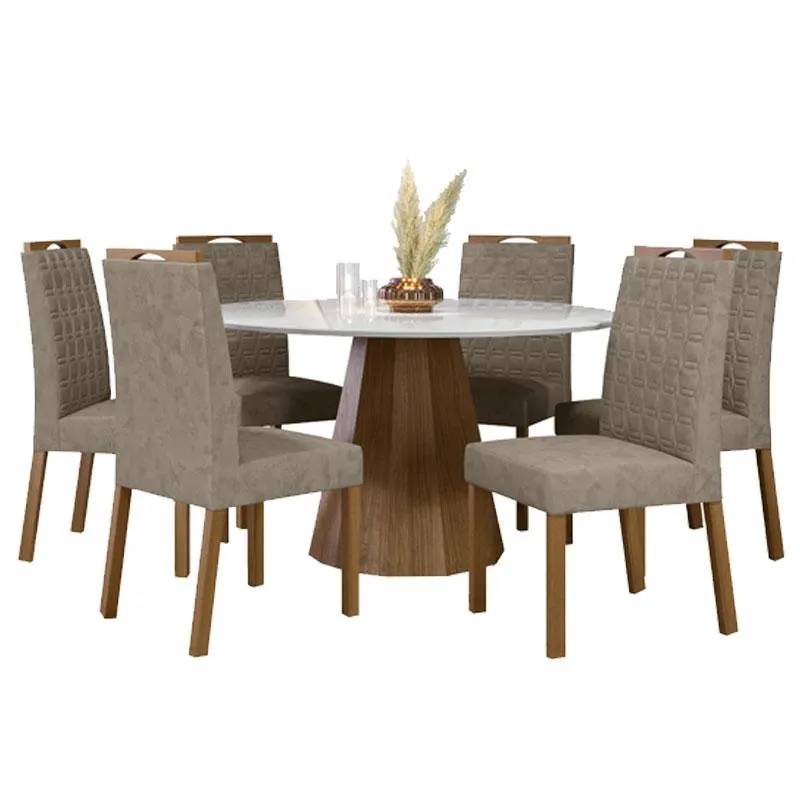 Mesa de jantar Ambiente Isis 135x135 cm com Vidro Ype Off White e 6 Cadeiras Mariana Camurça Marrom – New Ceval