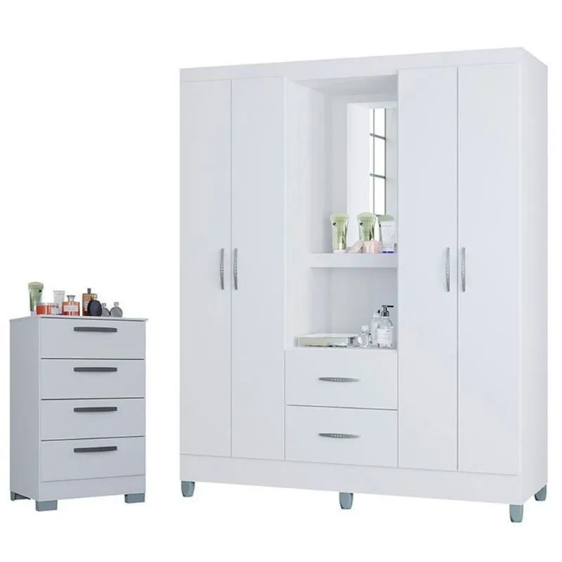 Cômoda 867 4 Gavetas Com Guarda Roupa Solteiro Córdoba 4 Portas Branco Brilho - Poquema