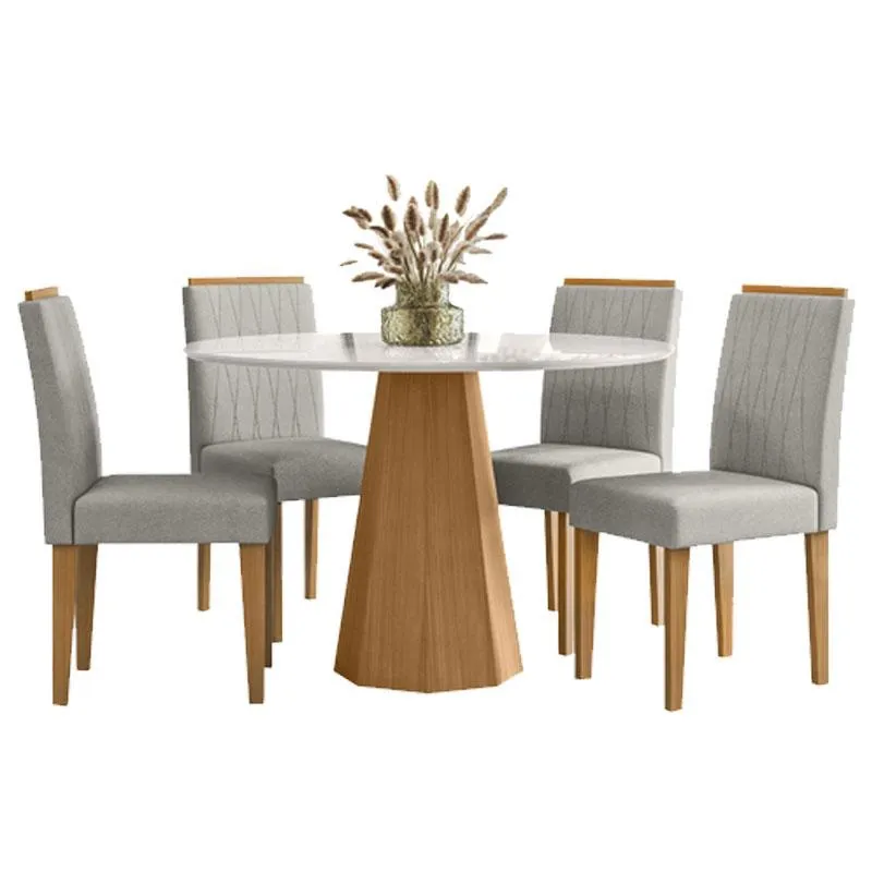 Mesa de jantar Isis 120x120 cm com Vidro Ype Off White e 4 Cadeiras Ana Ype Suede Animale Areia – New Ceval
