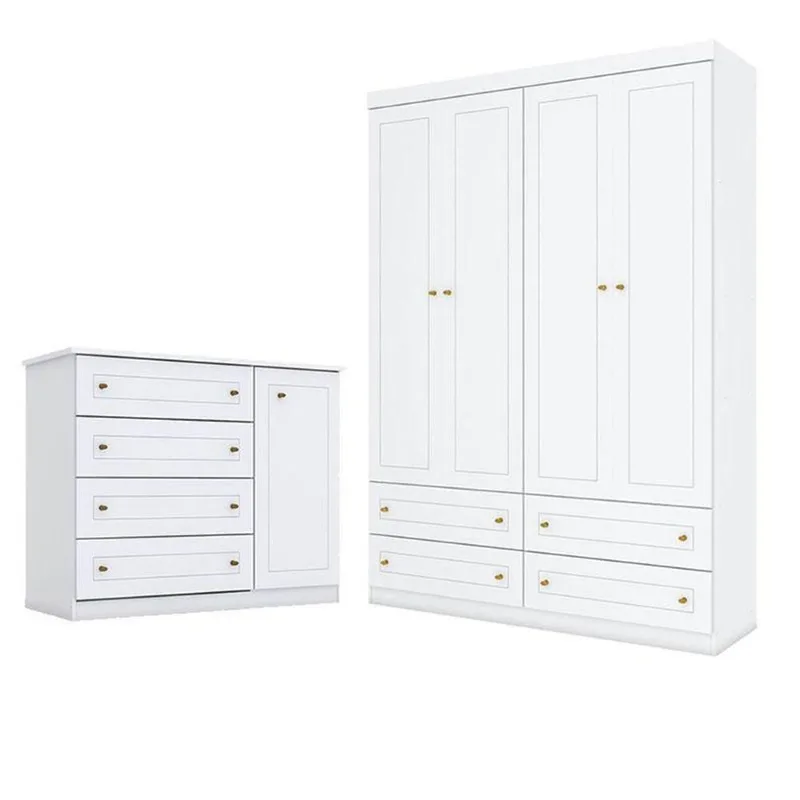 Cômoda E Guarda Roupa Infantil Americano 4 Portas Branco Hp - Henn