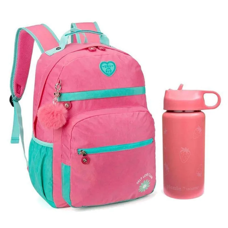 Kit Mochila Escolar Infantil Kk24m14pk E Garrafa De água 97827 500ml Rosa - Kika