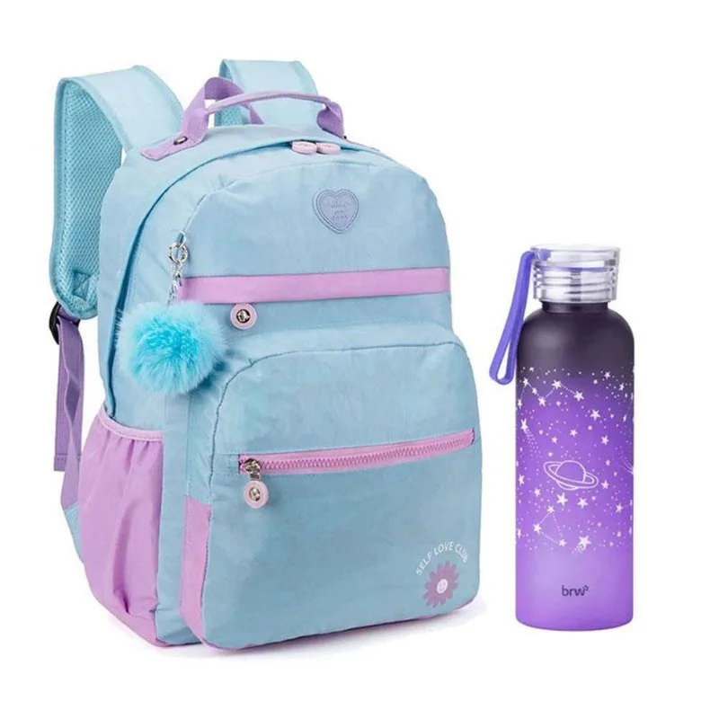 Kit Mochila Escolar Infantil Kk24m14acr E Garrafa De Água Degradê Estrela 500ml Roxo - Kika