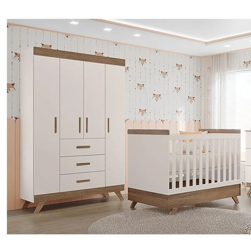 Berço Americano Vitória e Guarda Roupa Retro Maya Off White Carvalho com Colchão Ortobom – Canaã
