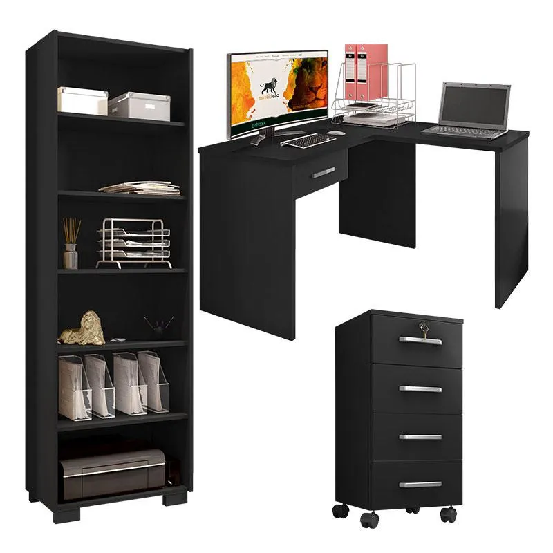 Mesa para computador com Gaveta e Extensora e Gaveteiro Gávea com Chave e Livreiro Office Preto Fosco - Móveis Leão