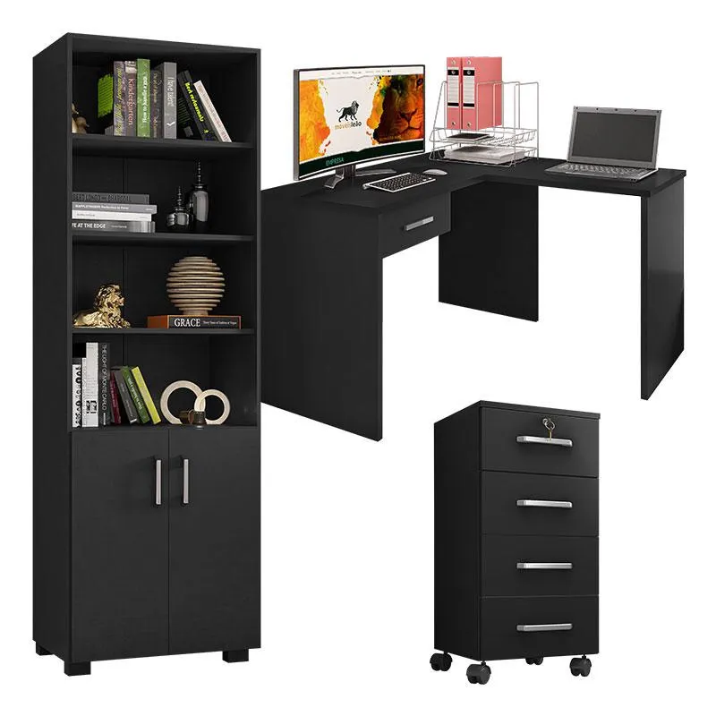 Mesa para computador com Gaveta e Extensora e Gaveteiro Gávea com Chave e Livreiro Office Portas Pequenas Preto Fosco - Móveis Leão