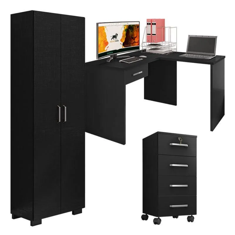 Mesa para computador com Gaveta e Extensora e Gaveteiro Gávea com Chave e Livreiro Office Portas Grandes Preto Fosco - Móveis Leão