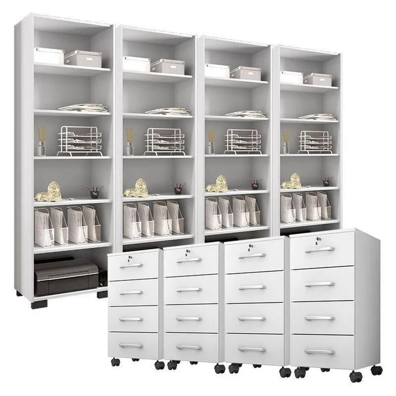 Kit 4 Gaveteiros Para Escritório Gávea Com Chave E 4 Livreiros Office Branco Fosco – Móveis Leão