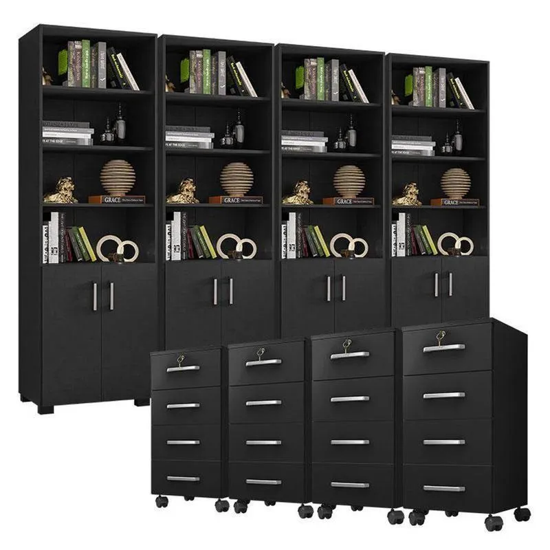 Kit 4 Gaveteiros Para Escritório Gávea Com Chave E 4 Livreiros Office Portas Pequenas Preto Fosco – Móveis Leão