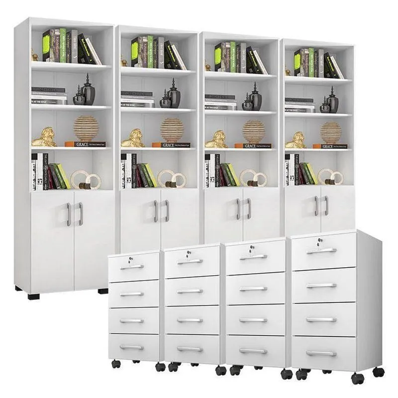 Kit 4 Gaveteiros Para Escritório Gávea Com Chave E 4 Livreiros Office Portas Pequenas Branco Fosco – Móveis Leão