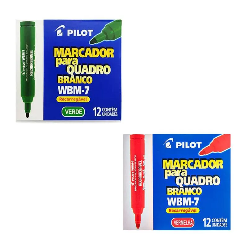 Kit Caixa de Pincel Marcador para Quadro Branco Recarregável WBM-7 24 Unidades Verde e Vermelho - Pilot