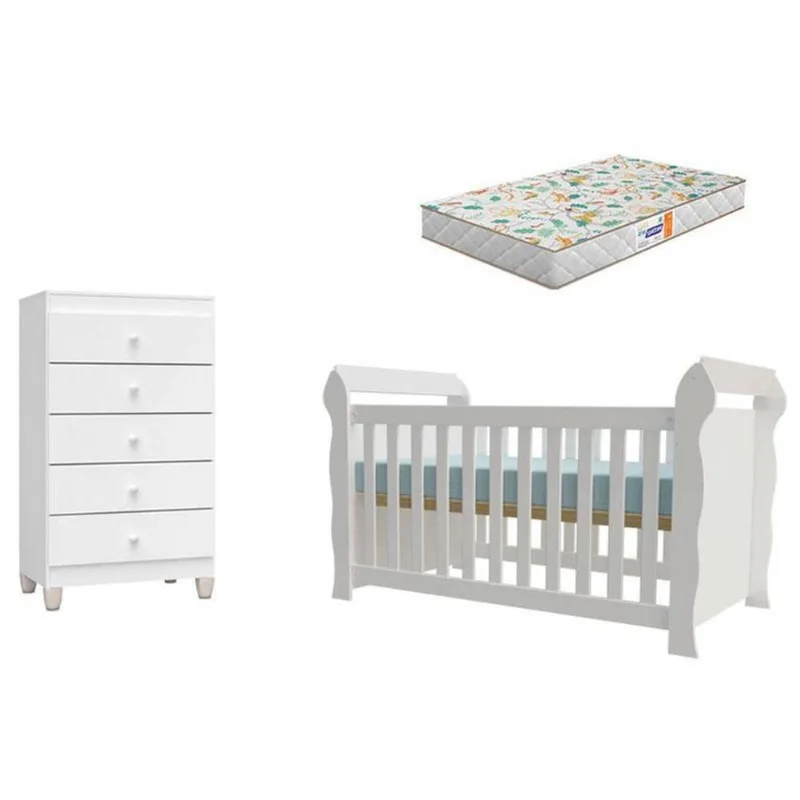 Berço Americano Lara Com Colchão Gazin E Cômoda Gaveteiro Ternura Baby Branco Brilho - Incorplac