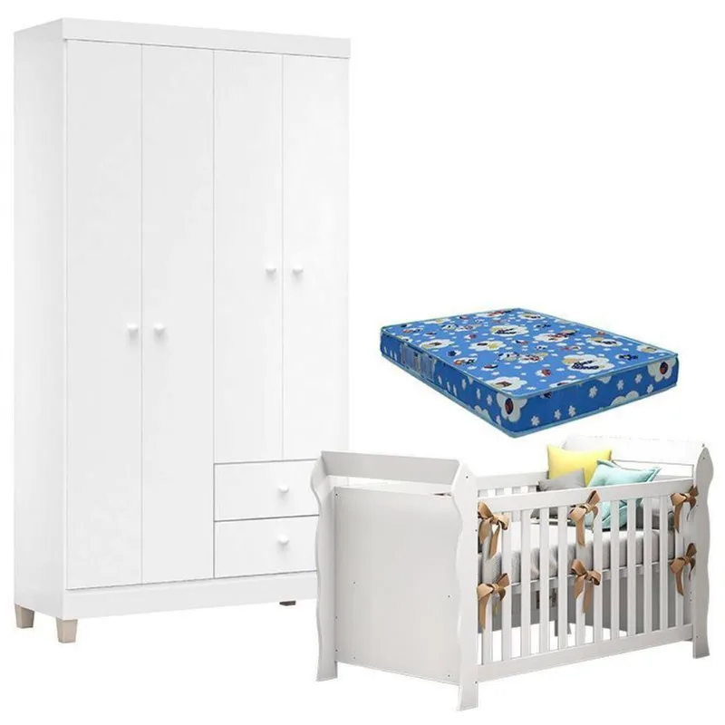 Berço Americano Lara Com Colchão Para Berço Americano E Guarda Roupa Ternura Baby 4 Portas Branco Flex - Incorplac