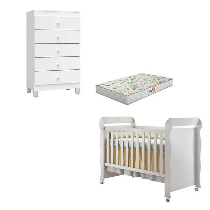 Berço Americano Mirelle Com Colchão Gazin E Cômoda Gaveteiro Ternura Baby Branco Brilho - Incorplac