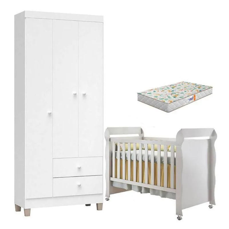 Berço Americano Mirelle Com Colchão Gazin E Guarda Roupa Ternura Baby 3 Portas Branco Brilho - Incorplac