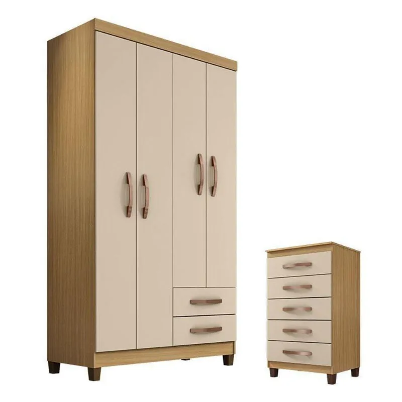 Guarda Roupa Solteiro Modena 4 Portas Com Cômoda Gaveteira Cannes Na Cor Carvalho Americano Off White - Incorplac
