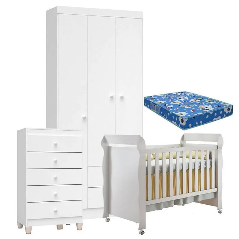 Quarto De Bebê 3 Portas Com Gaveteiro Ternura Baby E Berço Mirelle Branco Brilho Com Colchão - Incorplac