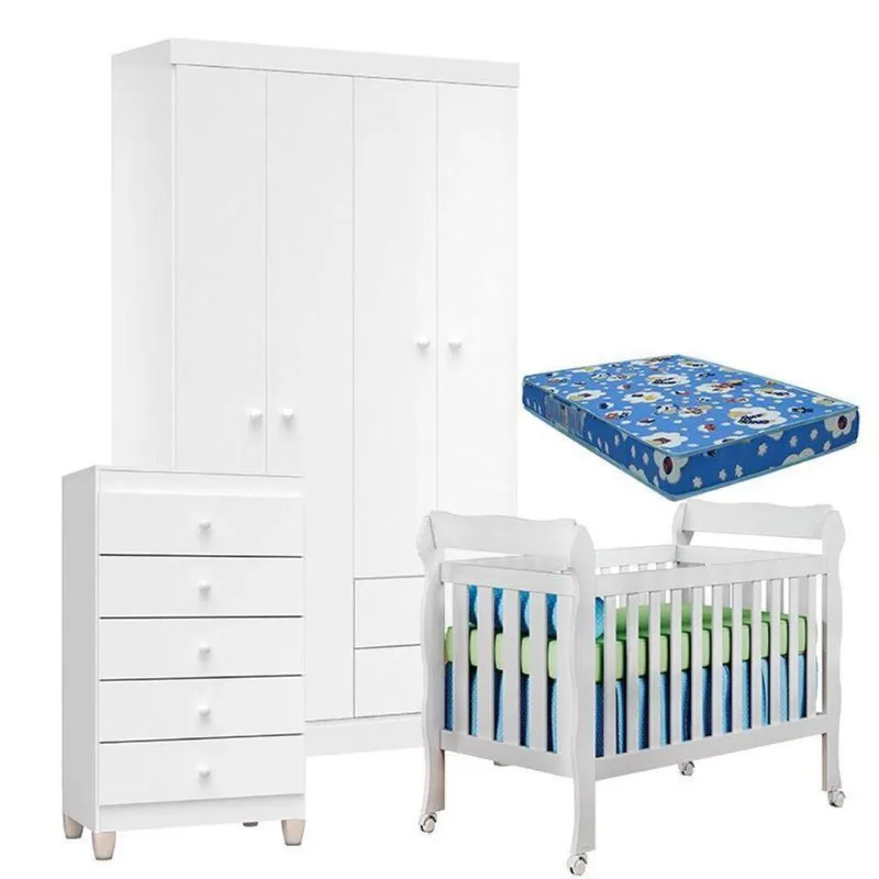 Quarto De Bebê 4 Portas Com Gaveteiro Ternura Baby E Berço Lila Branco Brilho Com Colchão - Incorplac