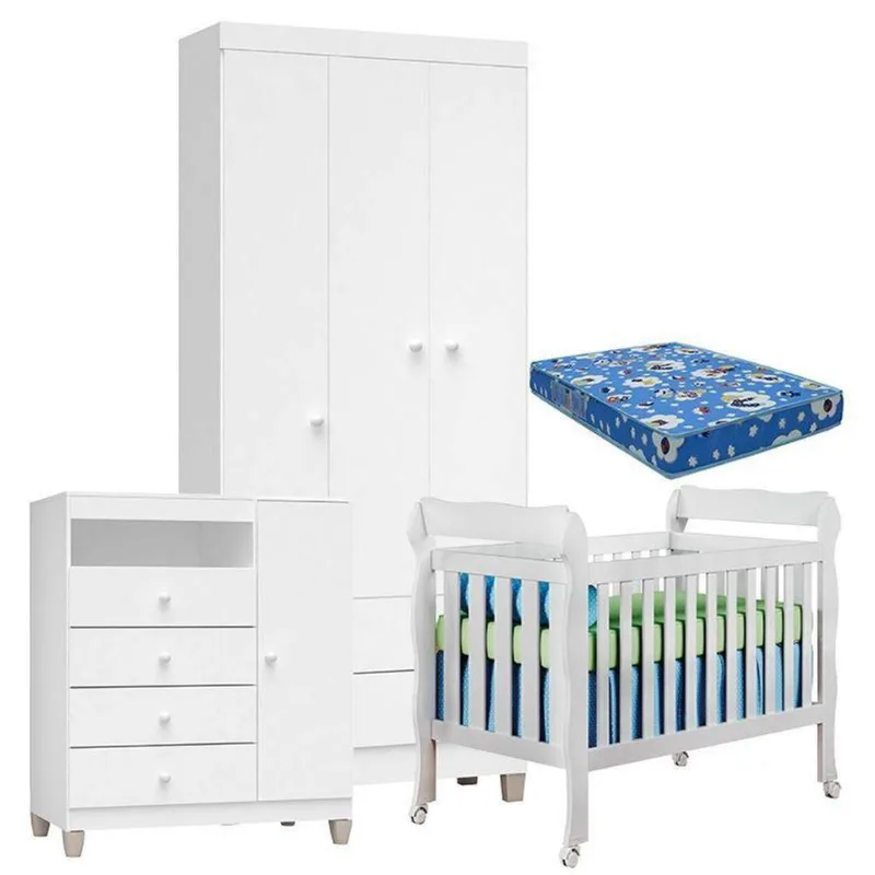 Quarto De Bebê 3 Portas Ternura Baby Com Berço Lila Branco Brilho Com Colchão - Incorplac