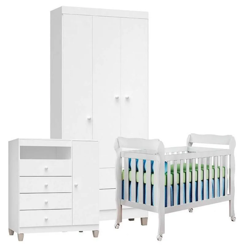 Quarto De Bebê 3 Portas Ternura Baby Com Berço Lila Branco Brilho - Incorplac