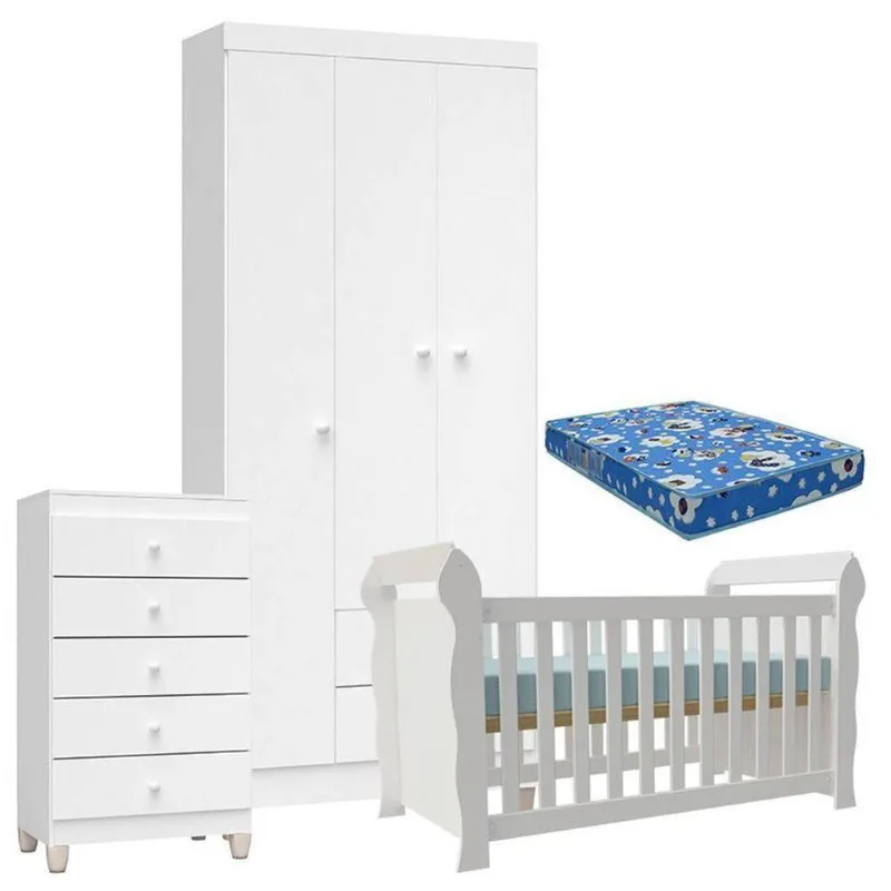 Quarto De Bebê 3 Portas Com Gaveteiro Ternura Baby E Berço Lara Branco Brilho Com Colchão - Incorplac