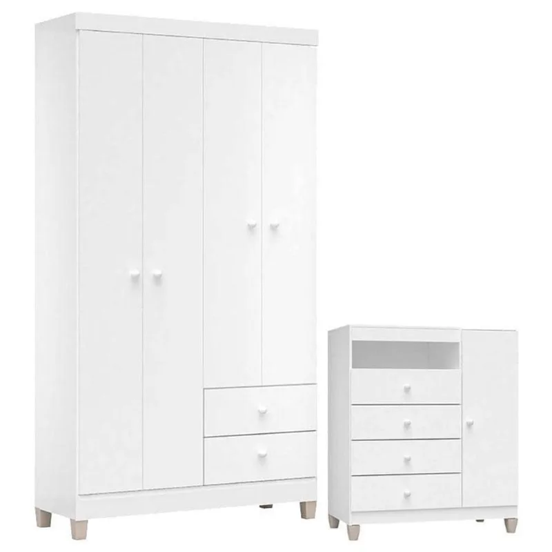 Cômoda E Guarda Roupa 4 Portas Ternura Baby Branco Flex – Incorplac