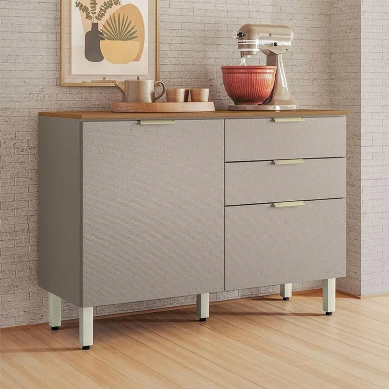 Balcão De Cozinha Ambiente Alba 120cm Amêndola Nude Prime Tx Com Tampo - Demóbile
